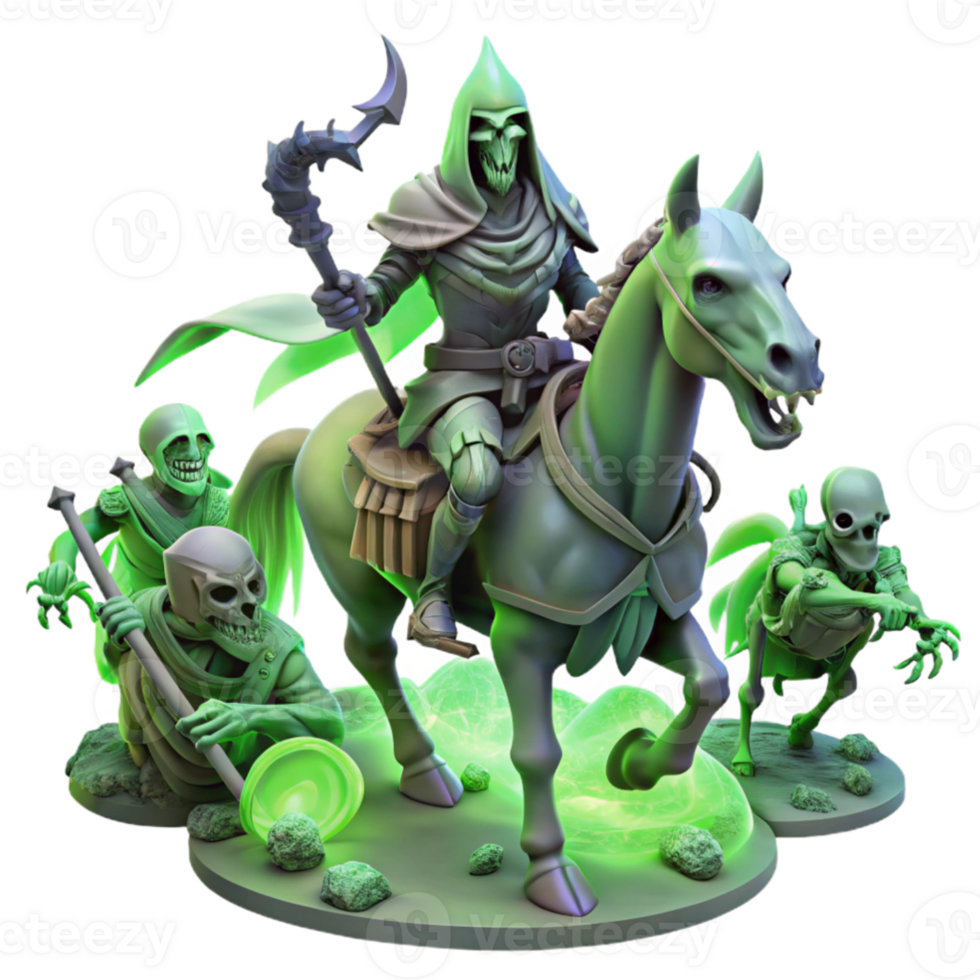 stunning artistic elegant abstract A spectral knight riding a skeletal steed across a battlefield strewn with ghostly figures, eerie green lighting, gothic horror style premium authentic png