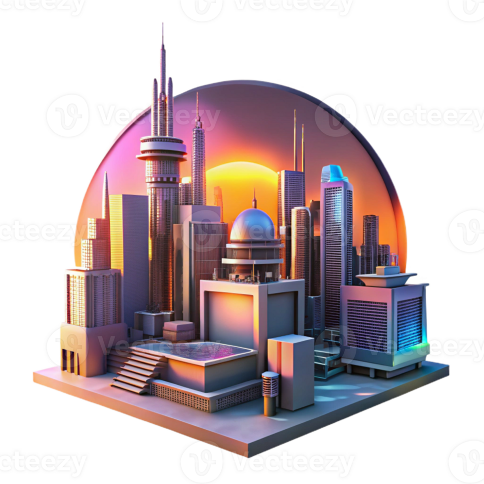serene modern vibrant artistic A futuristic cityscape at sunset, towering holographic advertisements shimmering in the warm orange light, cyberpunk style, detailed architecture high resolution genuine png
