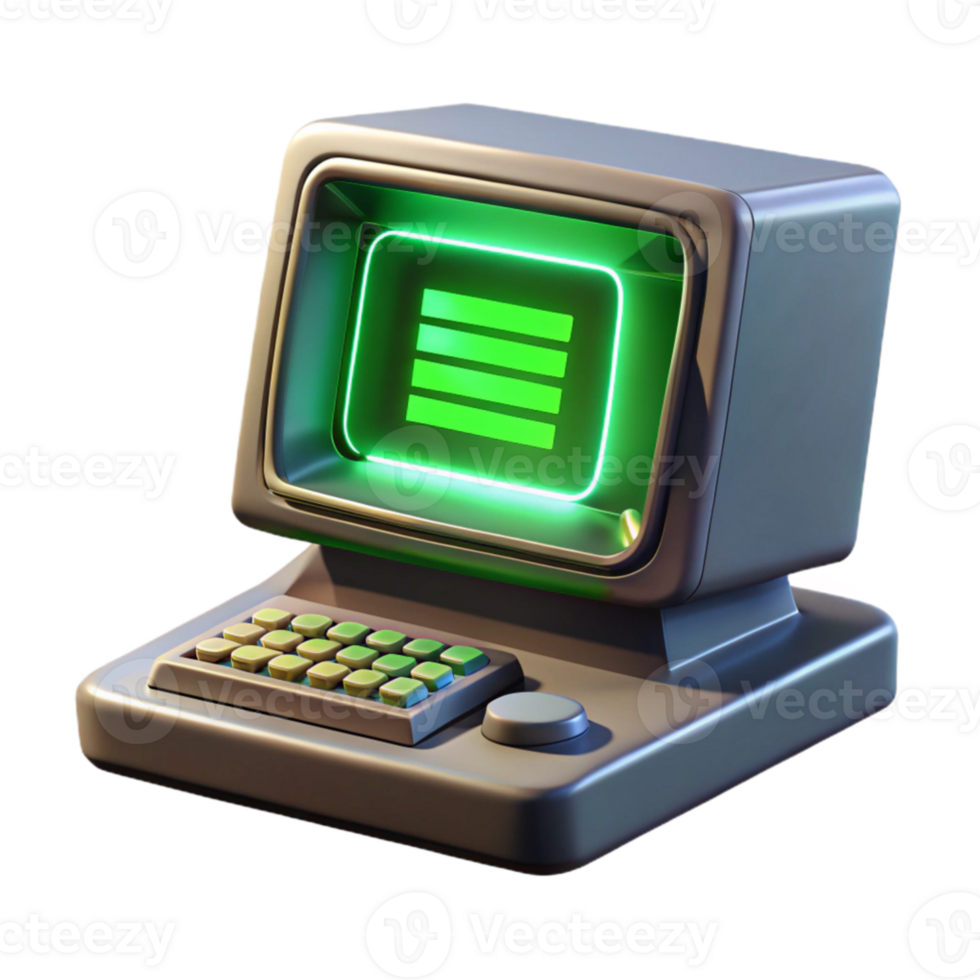 dramatic contemporary vibrant traditional A vintage computer terminal displaying complex code, green phosphor glow, dark background, retrofuturistic style, grainy texture 4K genuine png