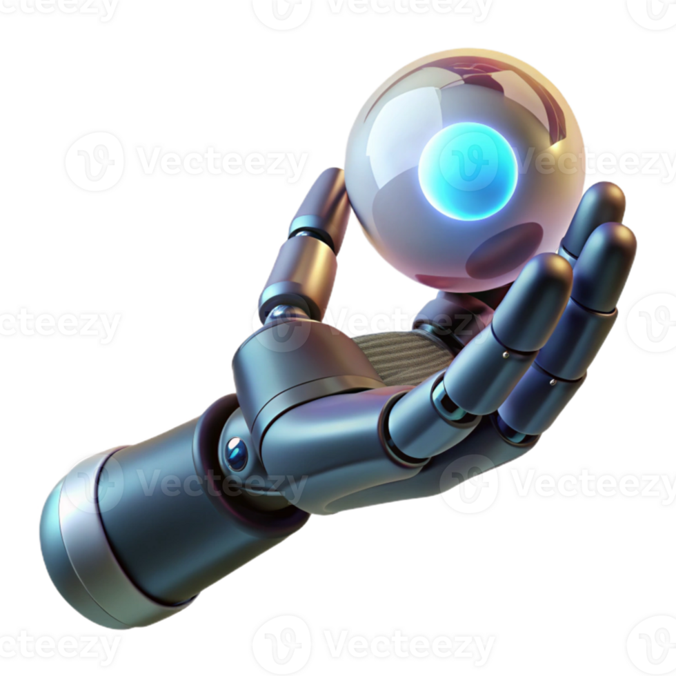 stunning classic beautiful minimalist A disembodied robotic hand delicately holding a glowing orb of data, dark, moody lighting, realistic style, high detail high resolution 4K png