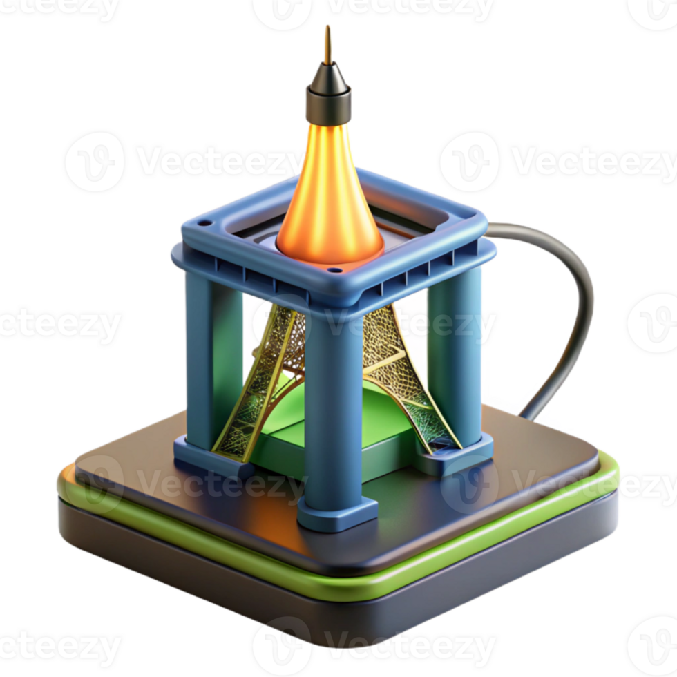stunning creative stunning traditional A 3D printer constructing a miniature replica of the Eiffel Tower, glowing filament, close-up shot, industrial design style premium professional png