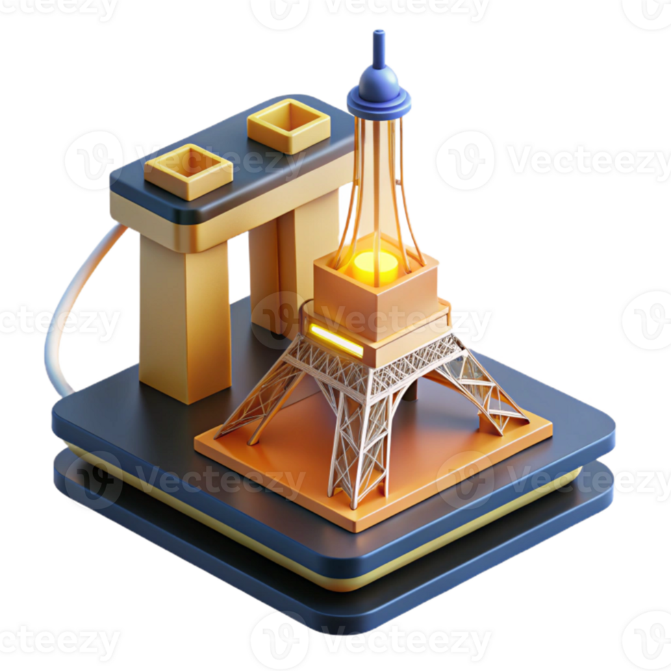 vibrant contemporary extraordinary vintage A 3D printer constructing a miniature replica of the Eiffel Tower, glowing filament, close-up shot, industrial design style premium high quality png