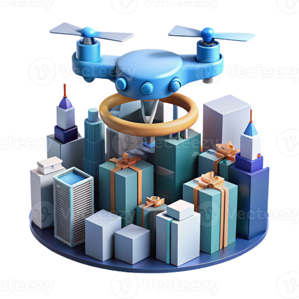 stunning vintage impressive rustic A drone delivering a package in a futuristic city, flying high above skyscrapers, aerial view, cinematic lighting, science fiction style professional authentic png