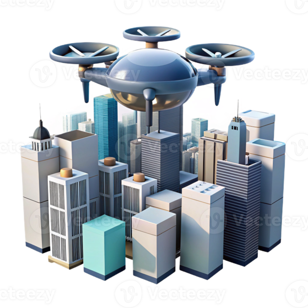 vibrant vintage impressive artistic A drone delivering a package in a futuristic city, flying high above skyscrapers, aerial view, cinematic lighting, science fiction style professional authentic png