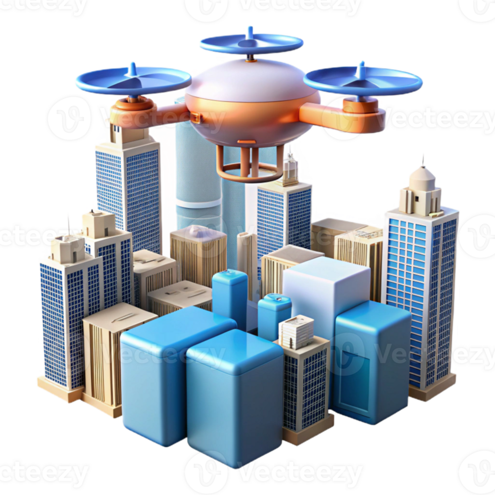magnificent modern serene rustic A drone delivering a package in a futuristic city, flying high above skyscrapers, aerial view, cinematic lighting, science fiction style premium genuine png