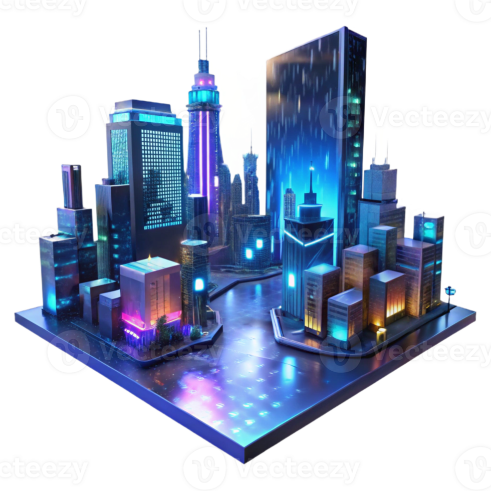impressive contemporary wonderful traditional A futuristic cityscape at night, towering holographic advertisements shimmering in the rain, neon lights reflecting on wet pavement, cinematic style 4K 4K png