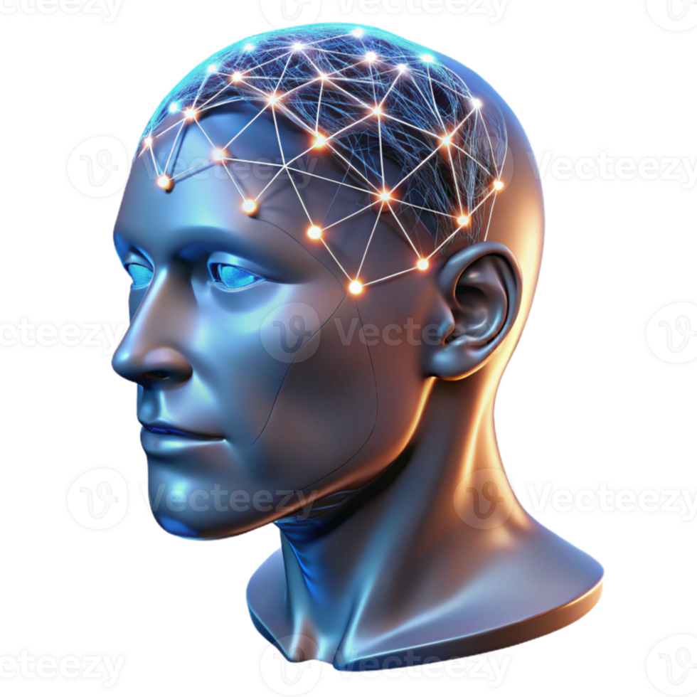dramatic modern extraordinary modern A transparent human head with visible neural pathways illuminated by pulsing light, biometric data visualized, scientific illustration style authentic original png