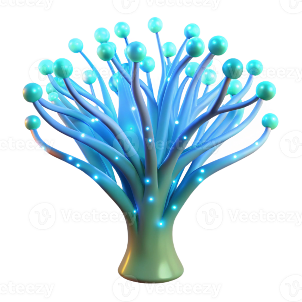 elegant artistic magnificent artistic A bioluminescent tree with branches made of fiber optic cables, glowing soft blue and green, fantasy style, ethereal lighting professional premium png