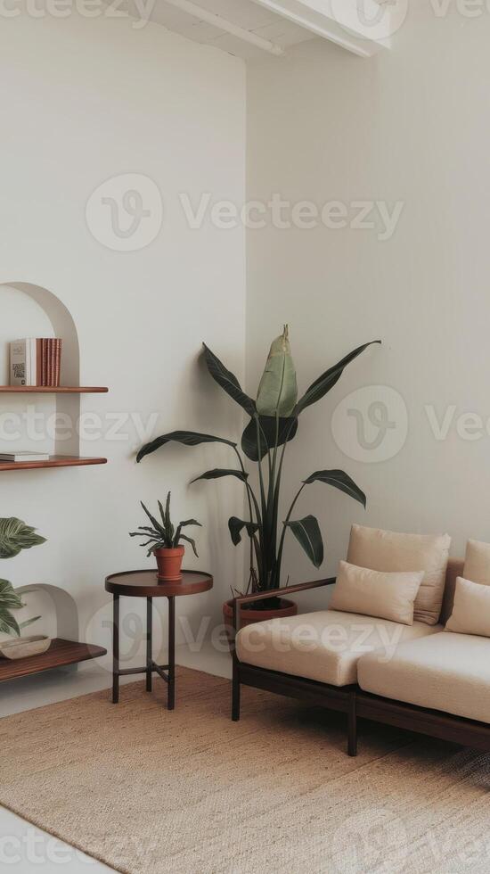A living room with a couch, a table and a shelf photo