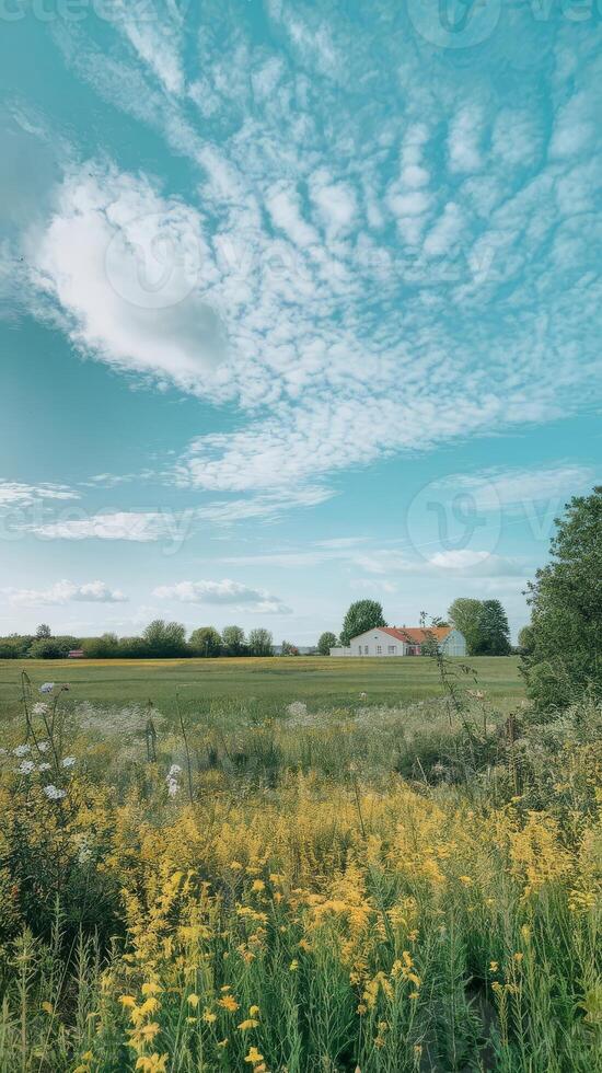 A field with yellow flowers and a house in the distance photo