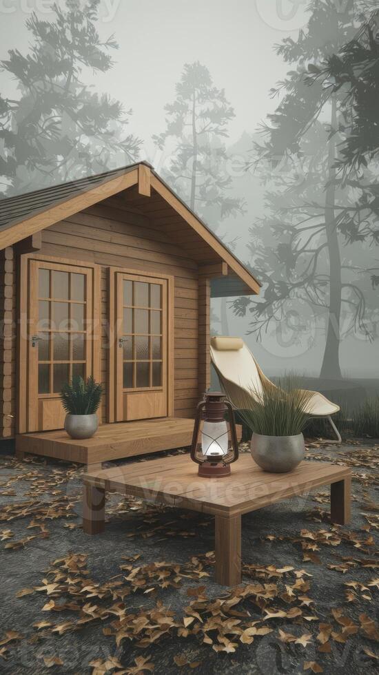 A small wooden cabin in the woods with a table and chairs photo