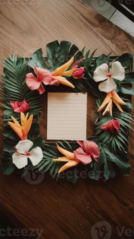 Tropical flowers and leaves on a wooden table photo