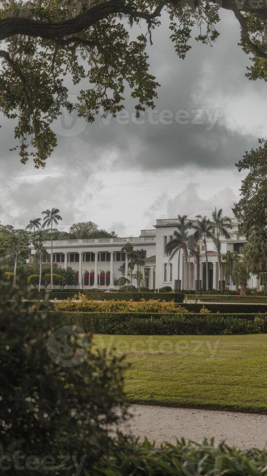 A large white building with a green lawn and trees photo