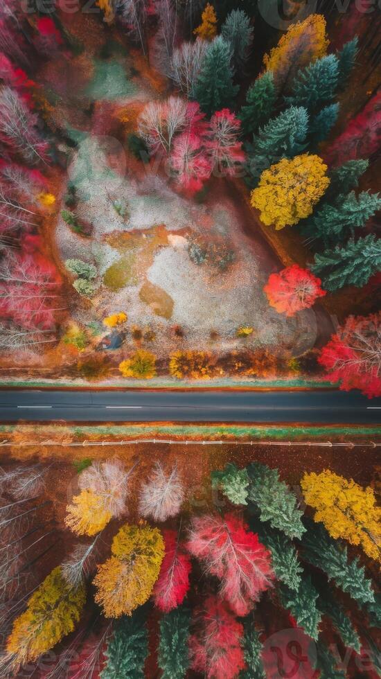 Aerial view of autumn trees and road in the forest photo