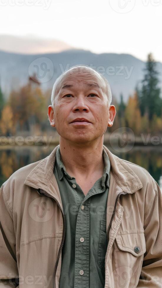 An asian man standing in front of a lake photo