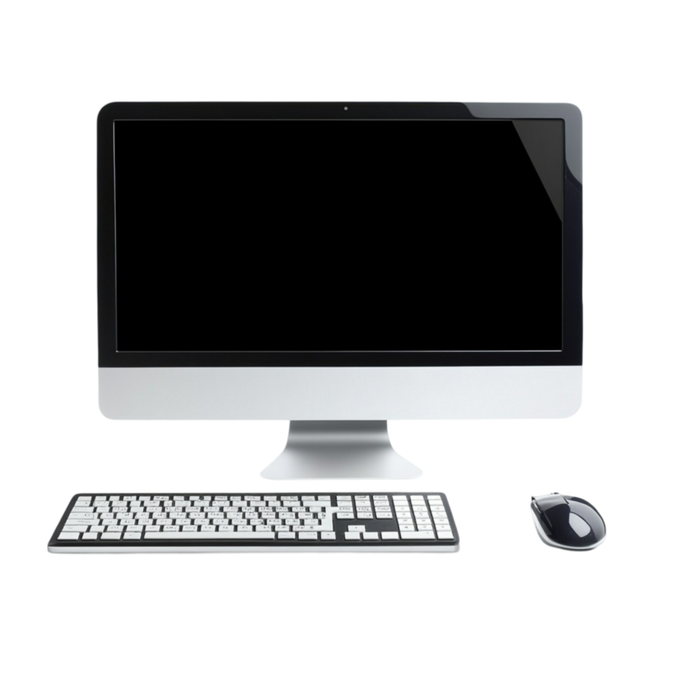 Desktop computer setup with a large black screen keyboard and mouse png
