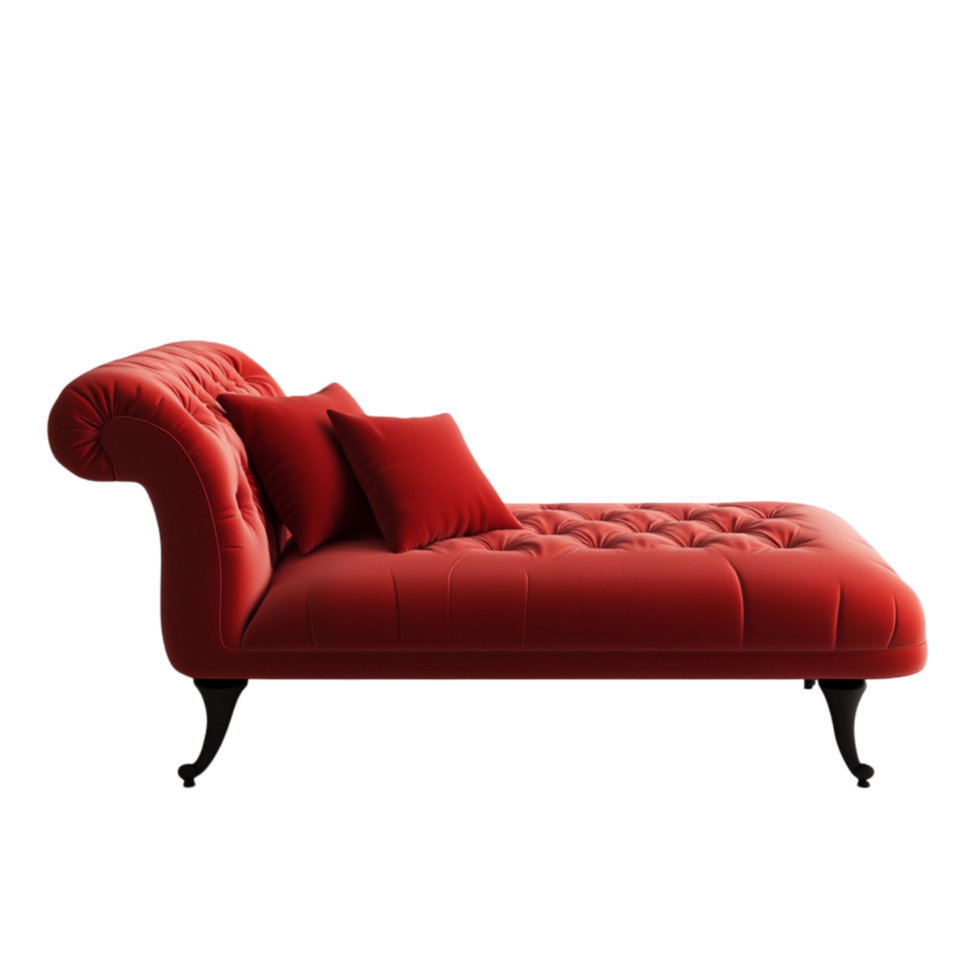 Luxurious red chaise lounge with a tufted backrest and ly curved wooden legs png