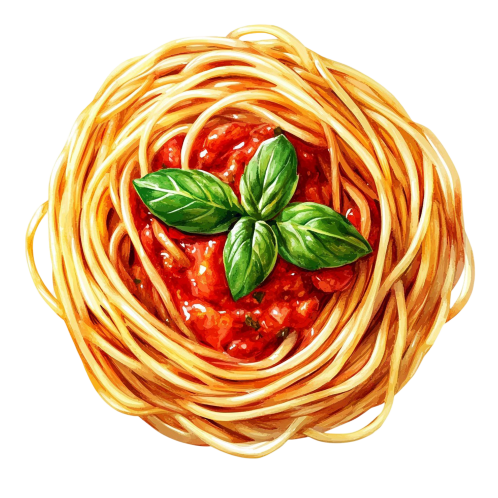 Plate of spaghetti pasta topped with red sauce and basil leaves png