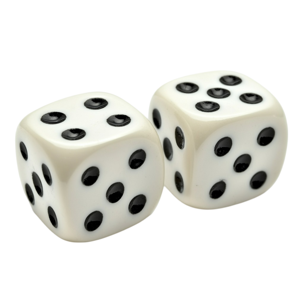 Pair of white dice with black dots showing different numbers on each face png
