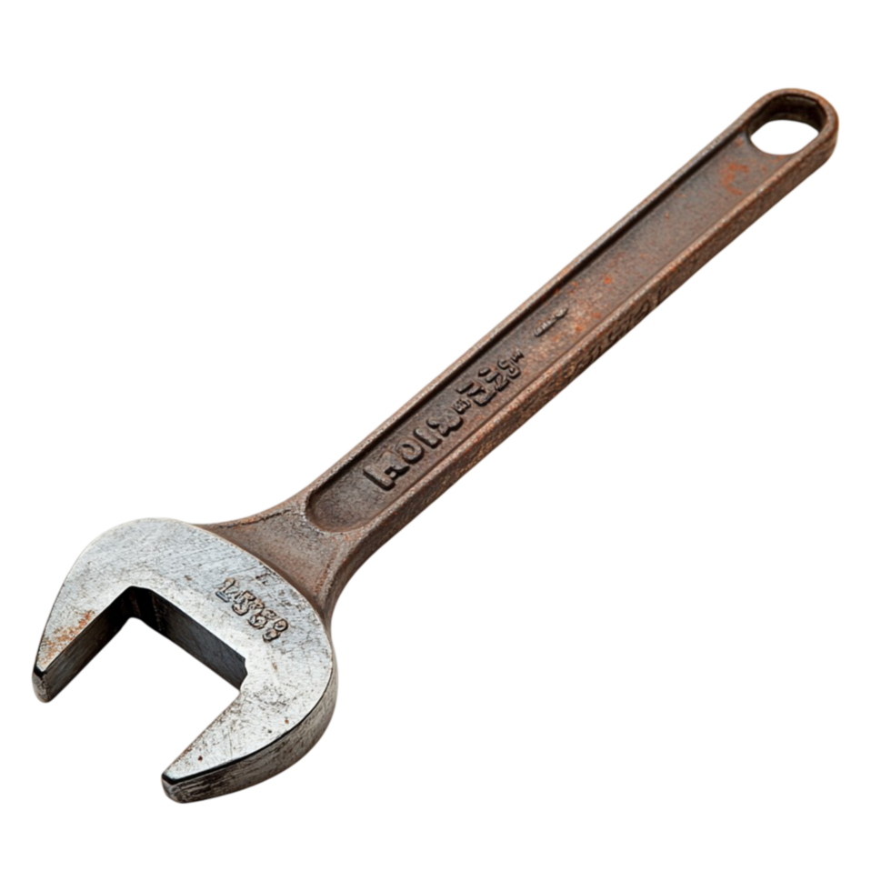 Rusty adjustable wrench with a well worn metallic surface png