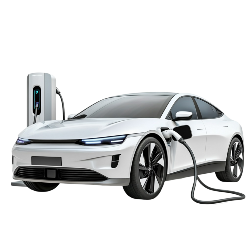 White electric car charging at a stations png