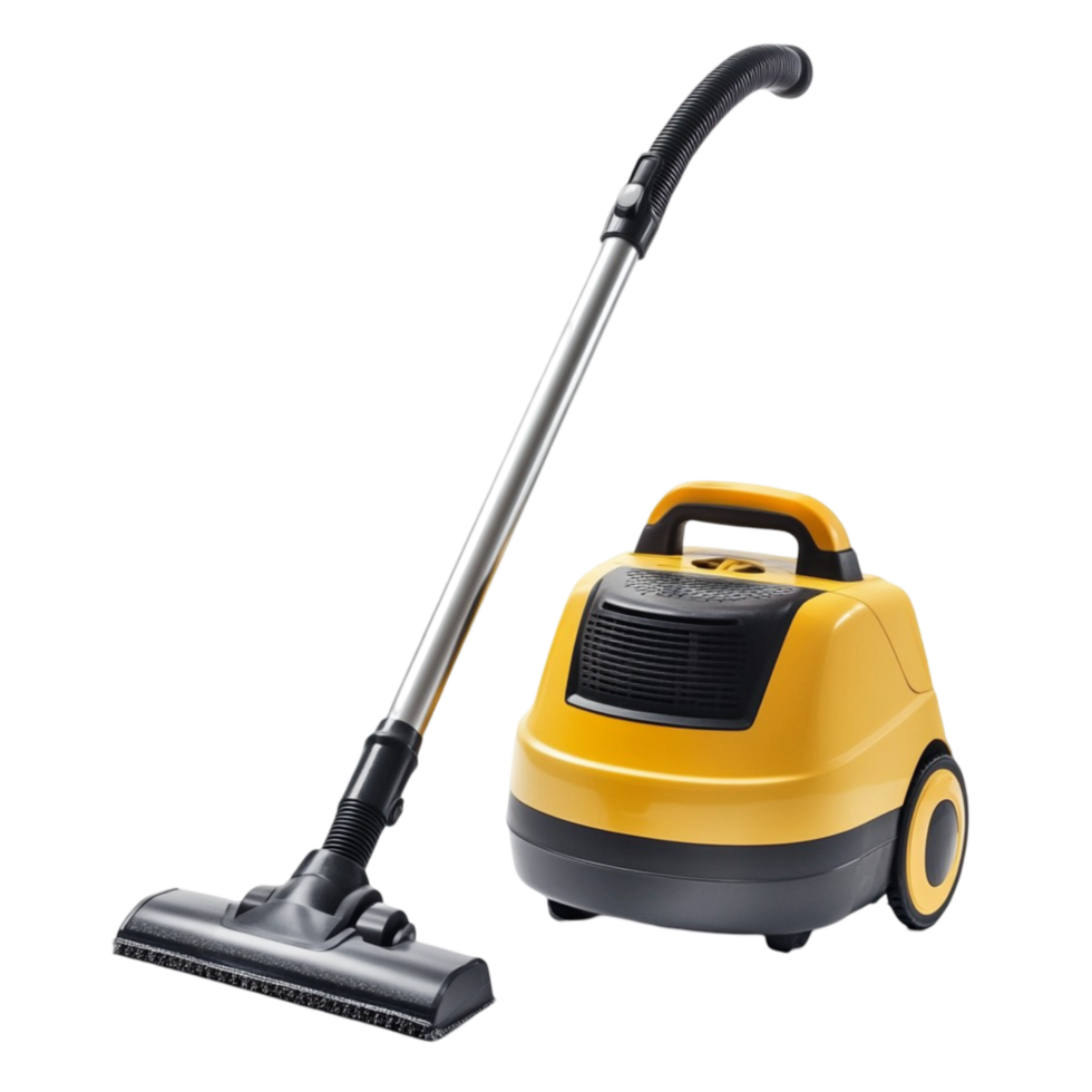 yellow and black vacuum cleaner with a long hose attachment png