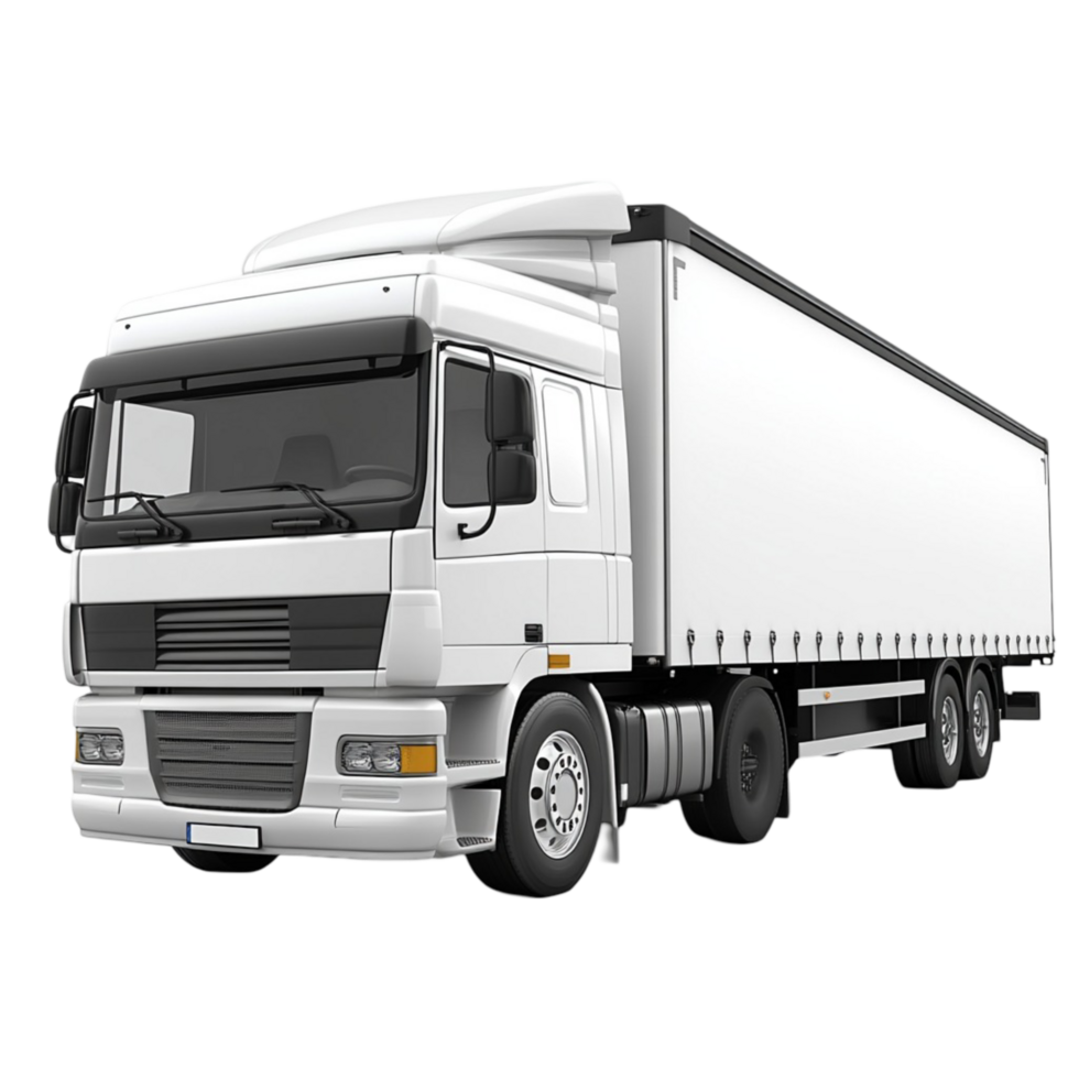 Large white cargo truck with a spacious trailer and black tires png