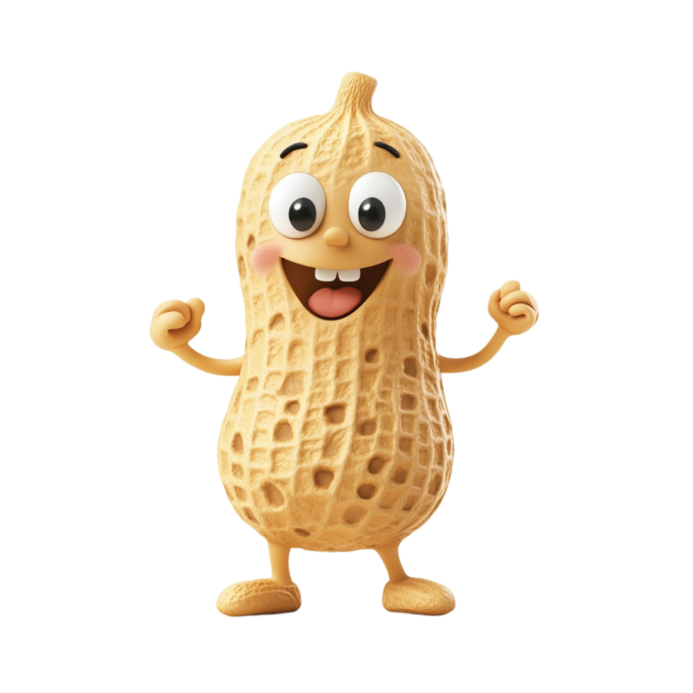 Cheerful animated peanut character with a happy expression and open arms png
