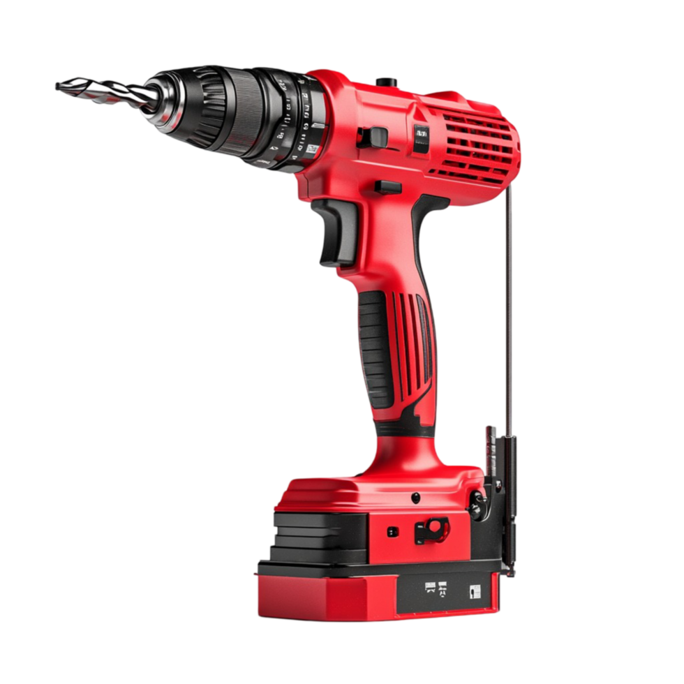 Powerful red cordless drill with a sharp drill bit png
