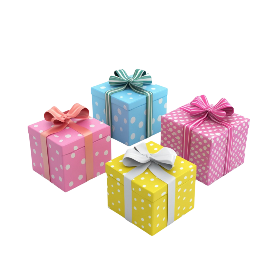 Set of beautifully wrapped gift boxes in pink blue and yellow with ribbons png