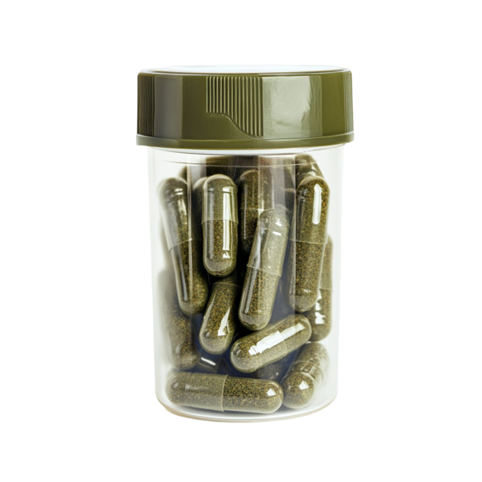 jar filled with rk herbal capsules with a green lid png