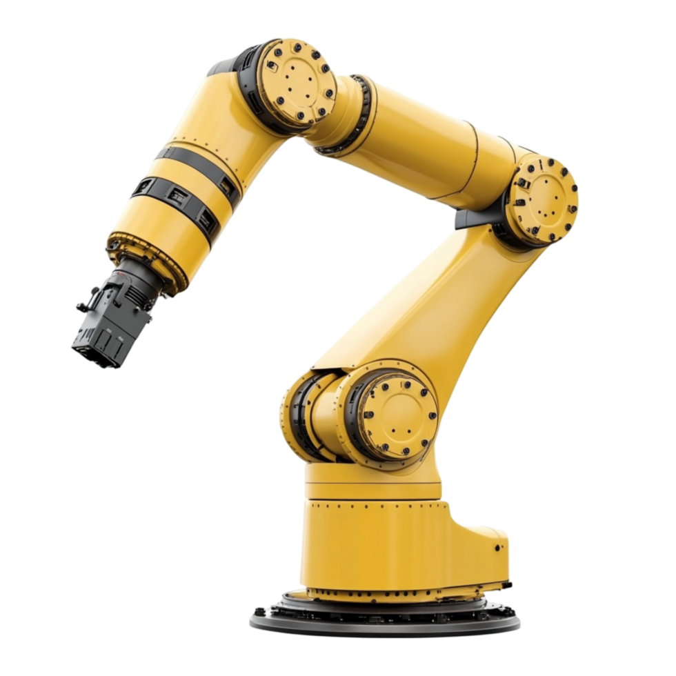 Yellow robotic arm with multiple joints and mechanical precision png