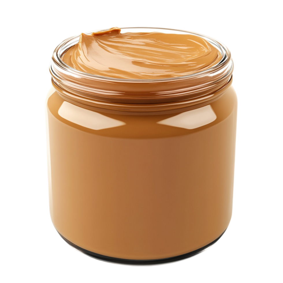 and creamy peanut butter in a glass jar with a glossy swirl on top png