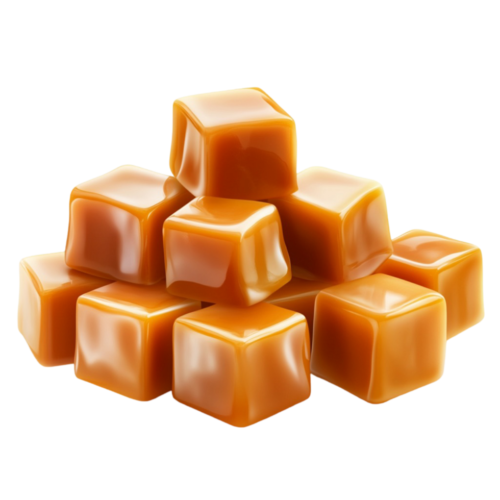 Shiny caramel cubes stacked together with a gooey texture png