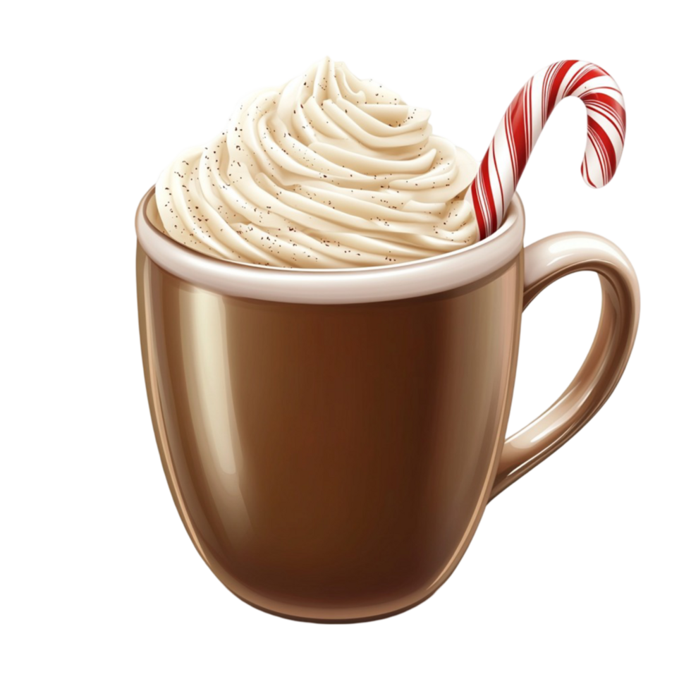 Hot chocolate in a brown mug topped with whipped cream png