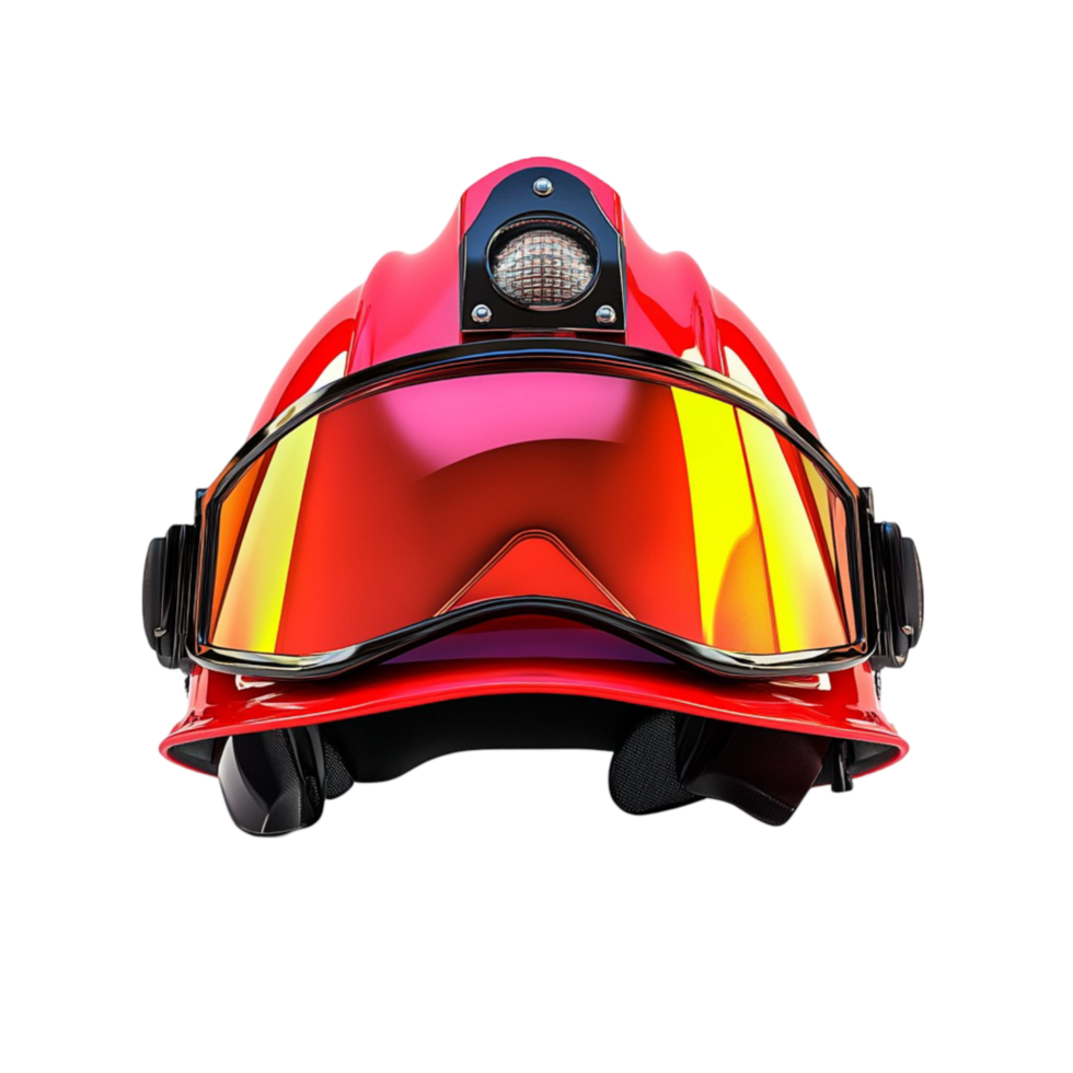 Red firefighter helmet with a reflective visor and headlamp png