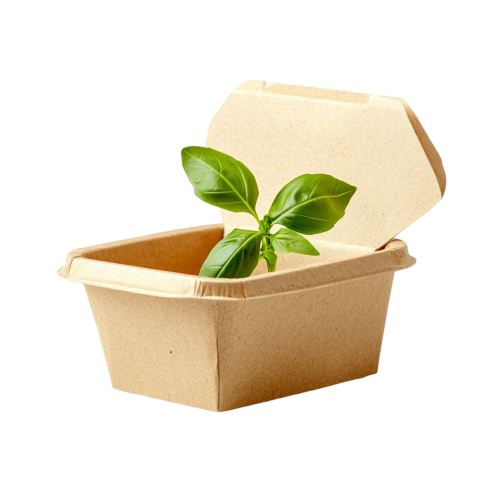 Eco friendly biodegrable takeout container with a small green basil sprig inside png