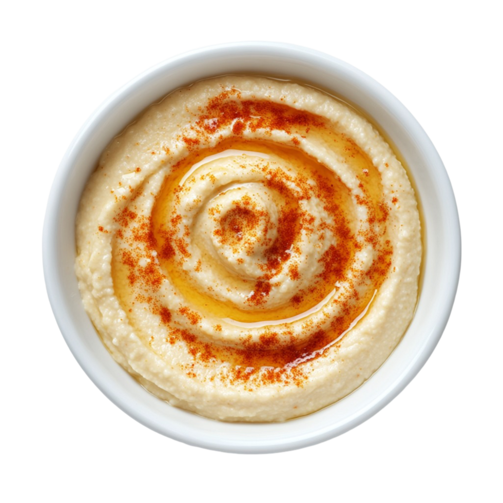 Creamy hummus in a white bowl topped with paprika and olive oil png