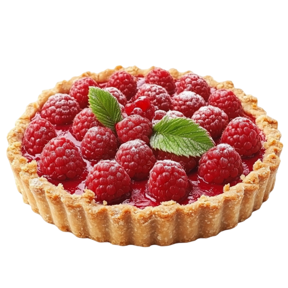 raspberry tart with a golden crust and green mint leaves png