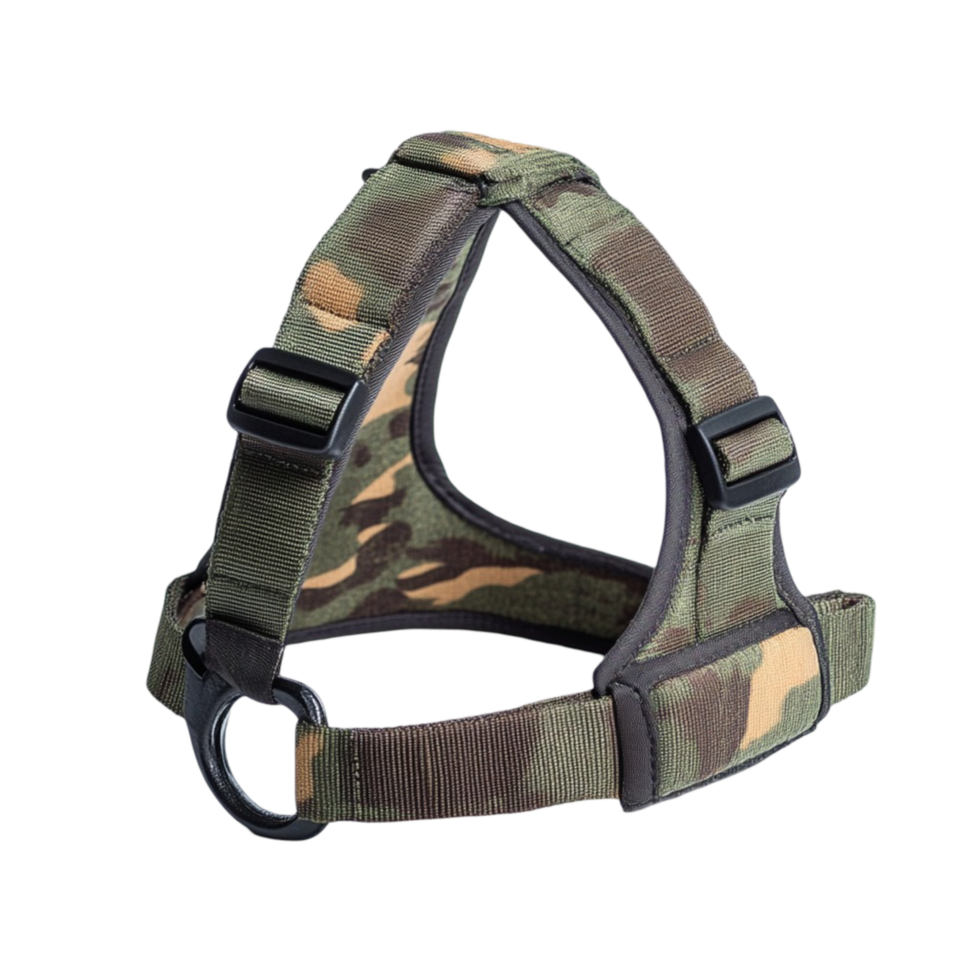 Camouflage pattern dog harness with adjustable straps and a metal ring png