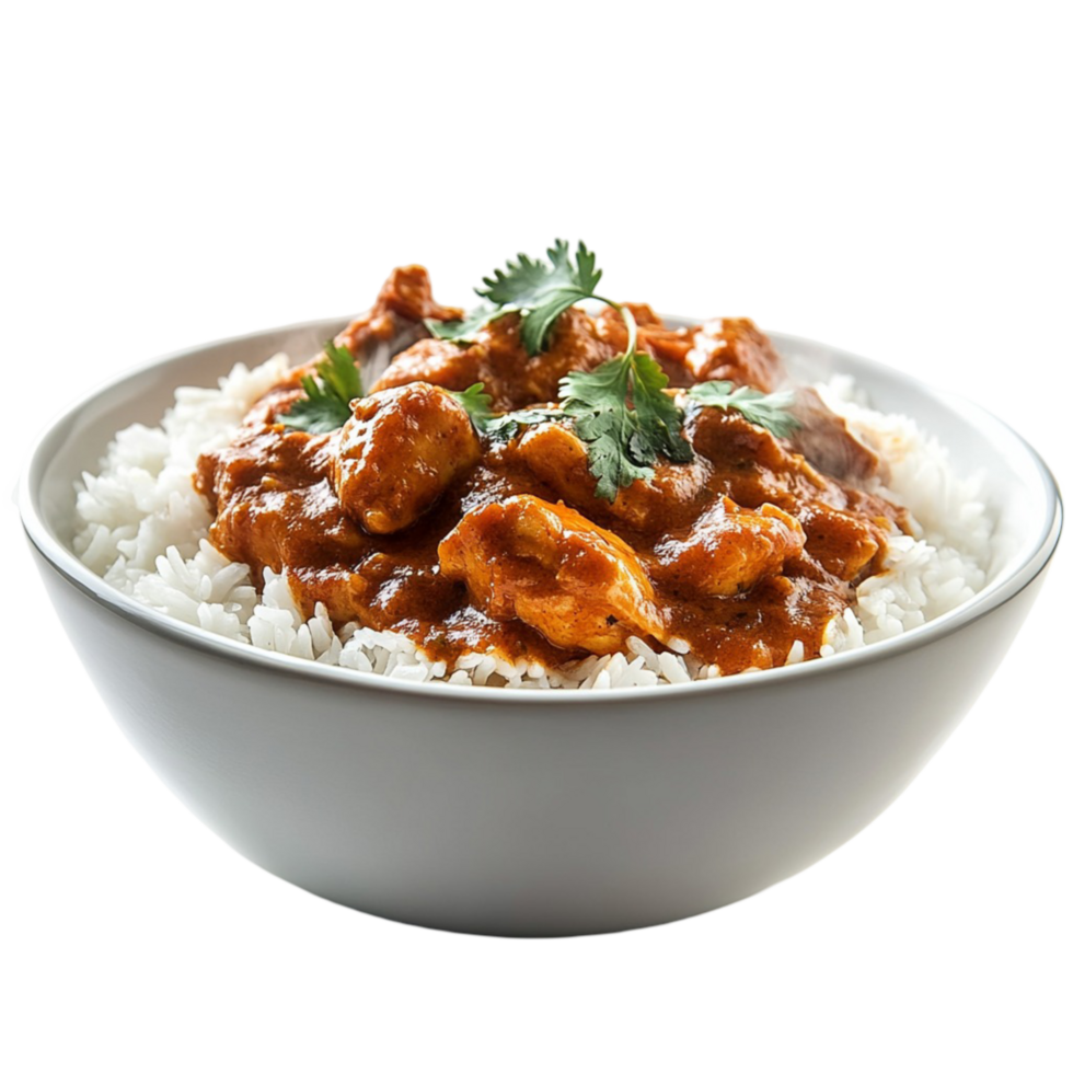 Bowl of white rice topped with spicy and flavorful curry garnished with herbs png