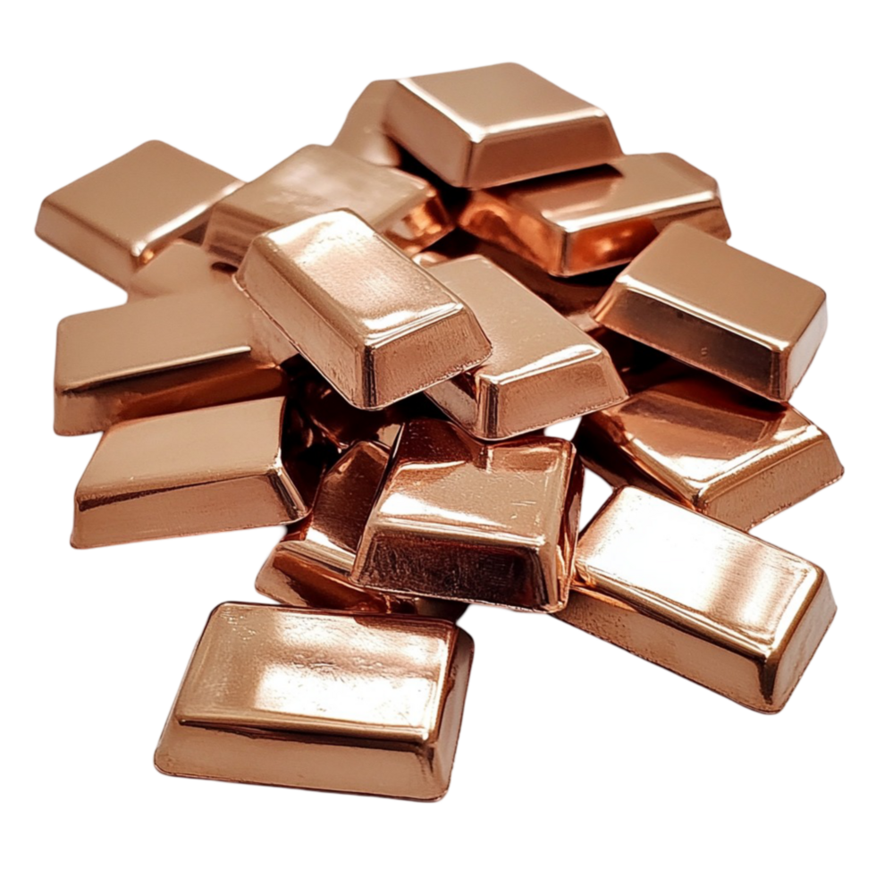 Shiny copper bars stacked in a random pile png