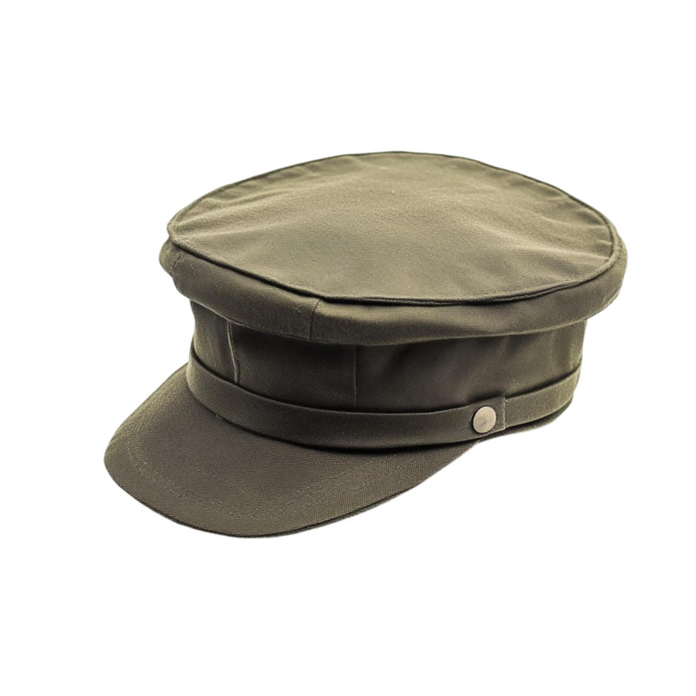 Military style olive green cap with a firm and structured brim png