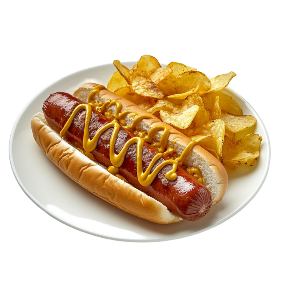 Hot dog with mustard and ketchup served with crunchy potato chips png