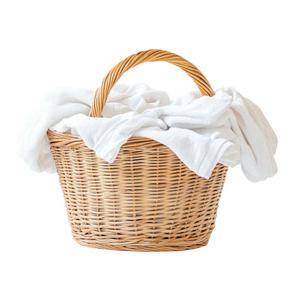 Wicker laundry basket with neatly folded white towels png