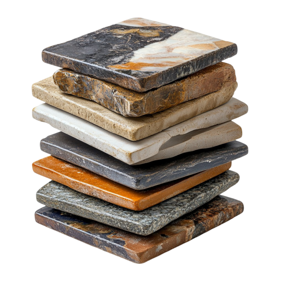 Pile of polished marble tiles in various shades of black white and brown png