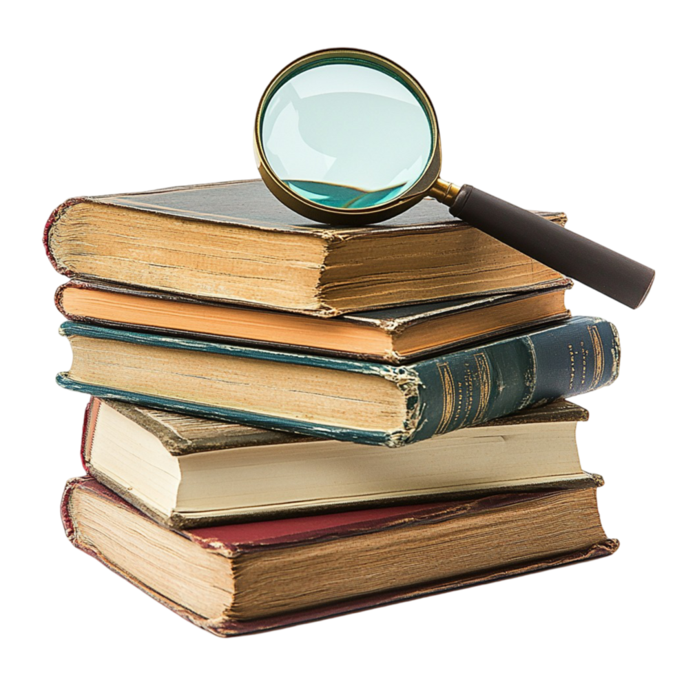 Pile of vintage books with a magnifying glass resting on top png
