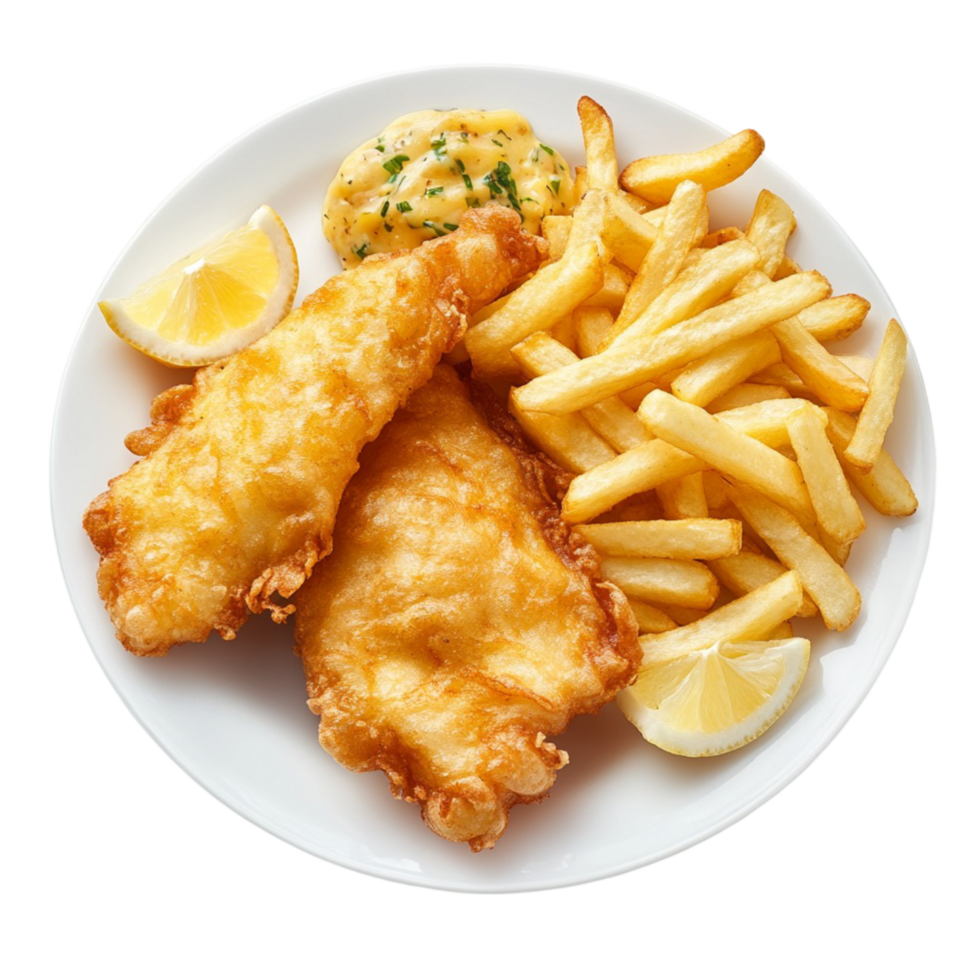 fish and golden French fries served with tartar sauce png