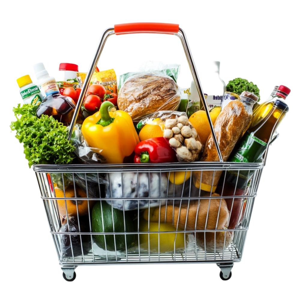 Grocery shopping basket filled with vegetables and packaged goods png