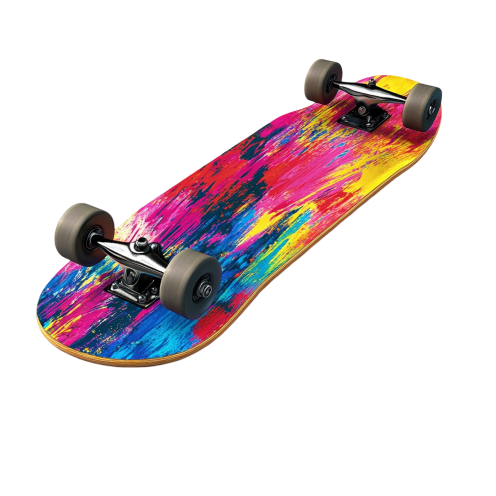 Multicolored skateboard with a psychedelic tie dye pattern on the deck png